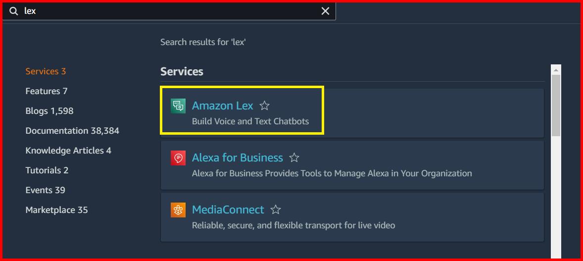 Picture showing the Amazon Lex in the search result